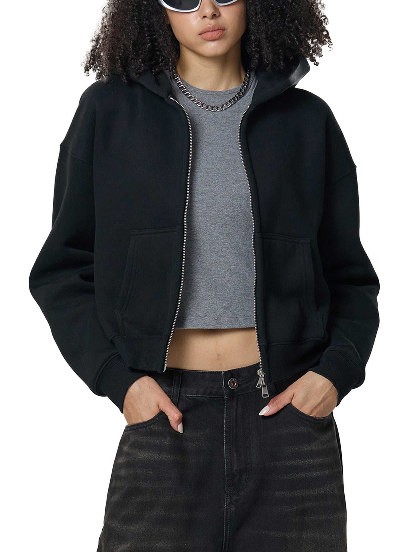 Hard Luck Fleeced Zip-Up Cropped Hoodie