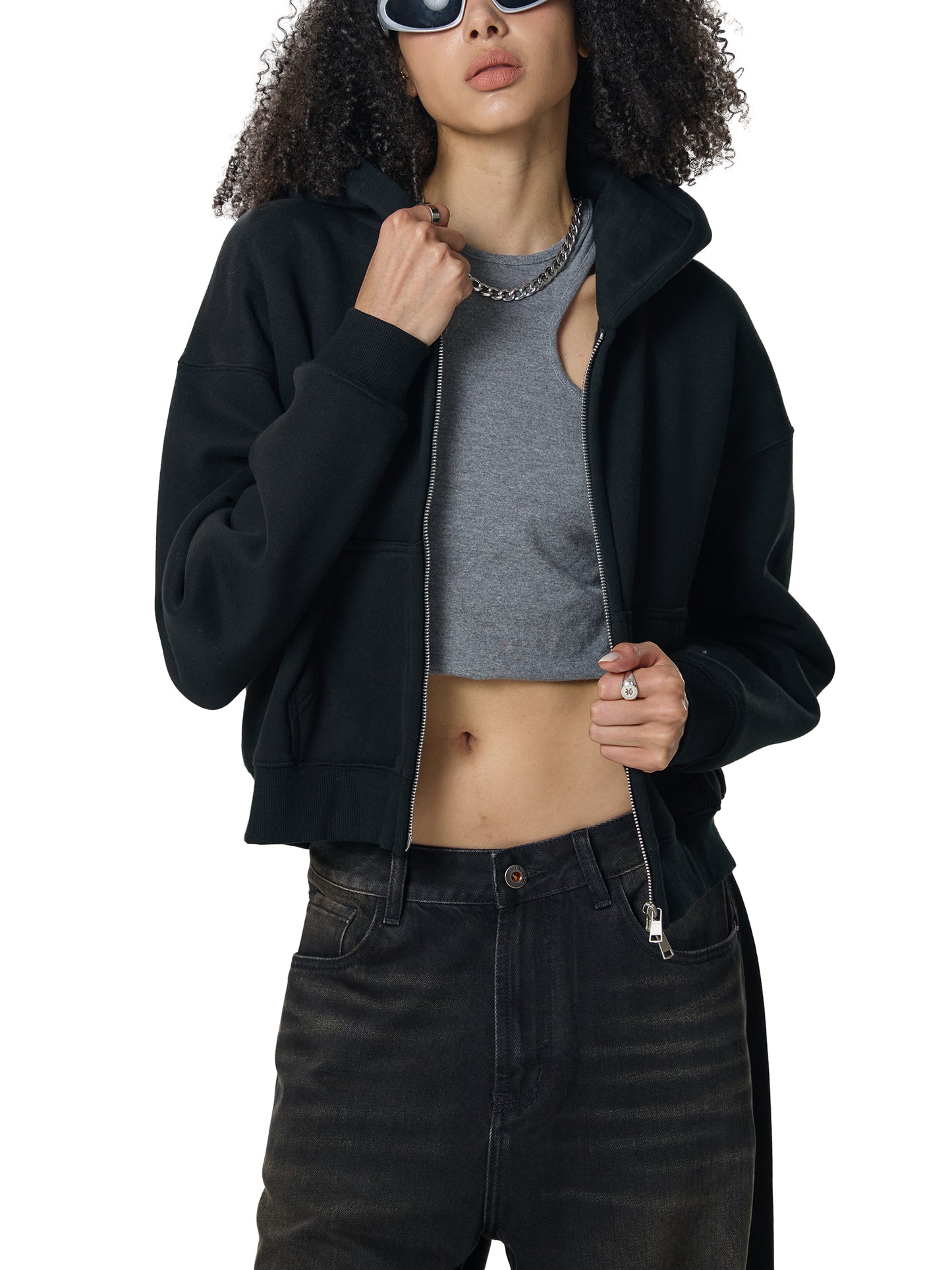 Hard Luck Fleeced Zip-Up Cropped Hoodie